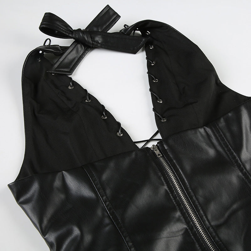 Punk Spice Girl Lace - Up Halter Leather Top