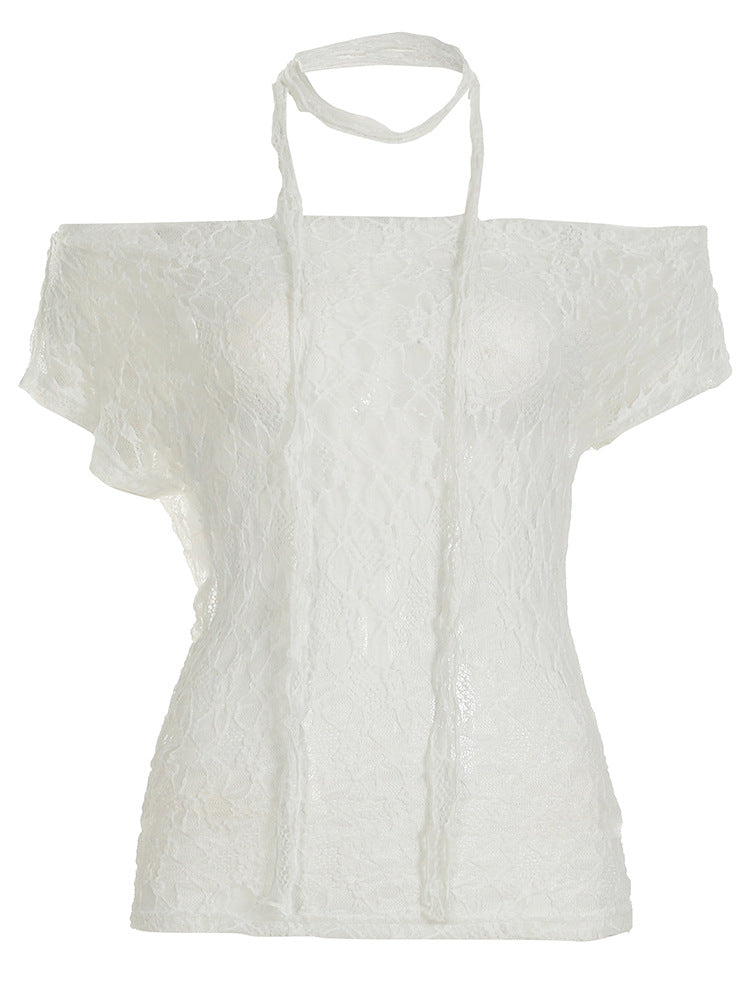 Sweet Lace Halter Off - Shoulder Crop Top