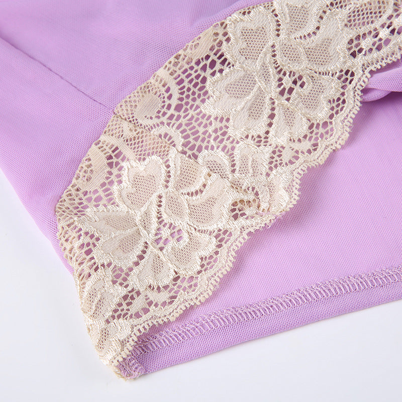 Lace Panel Color-Block Mesh Purple Camisole