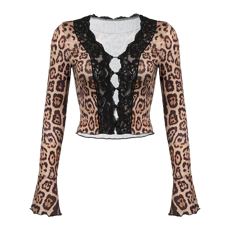 Leopard Print Lace - Trimmed Crop Top