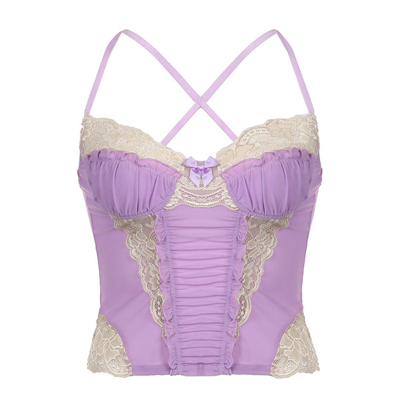 Lace Panel Color-Block Mesh Purple Camisole