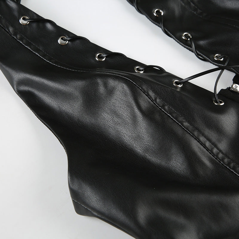 Punk Spice Girl Lace - Up Halter Leather Top