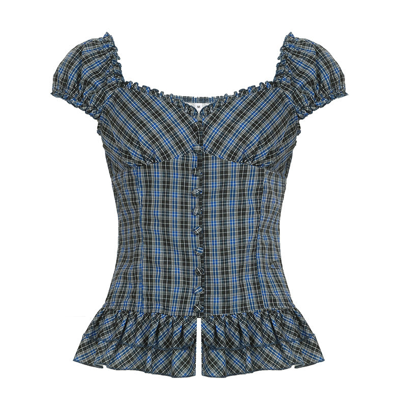 Vintage Plaid Puff - Sleeve Peplum Top
