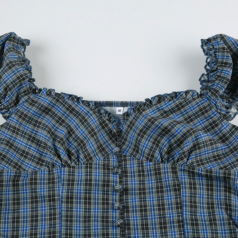 Vintage Plaid Puff - Sleeve Peplum Top