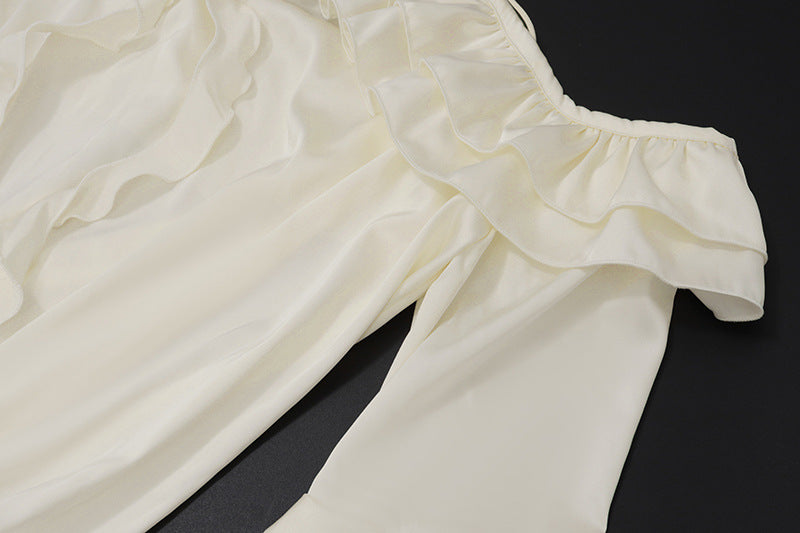 Halter Neck Ruffle Off - Shoulder Satin Top