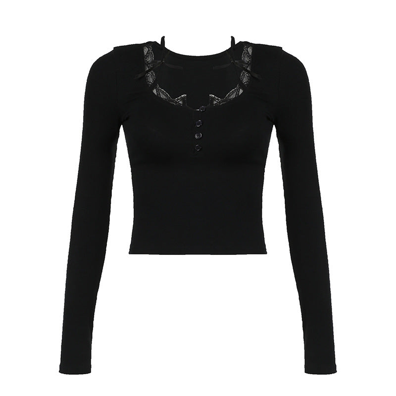 Lace - Paneled Button Square - Neck Fitted Top