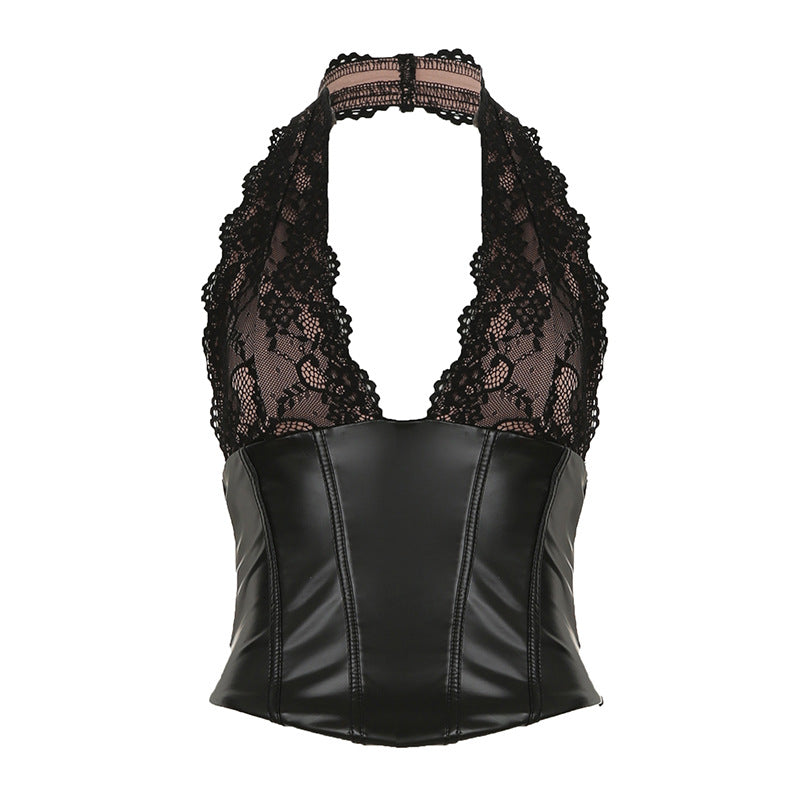 Lace - Leather Paneled Halter Corset Top