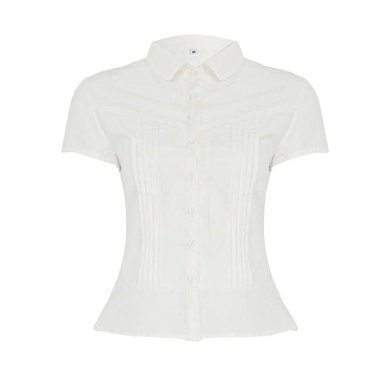 Elegant Collared Ruched White Blouse