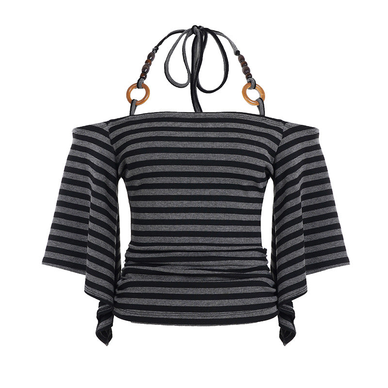 Romantic Striped Off - Shoulder Flared - Sleeve Crop Top
