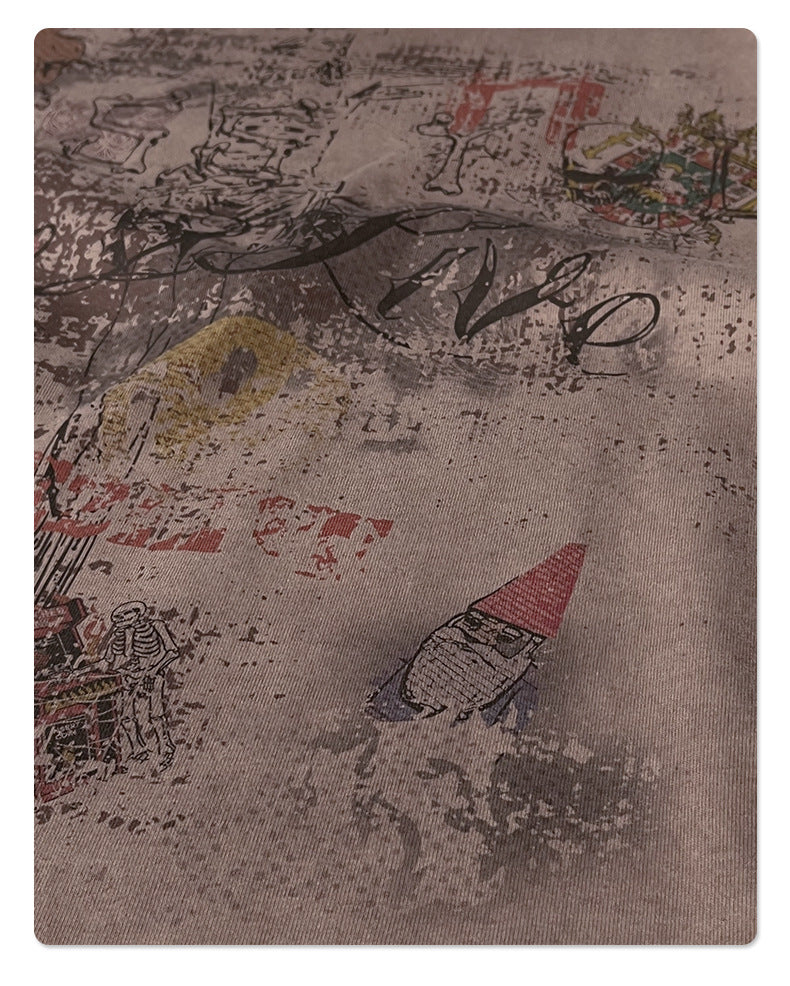 Printed Vintage Batik Faded Round-Neck T-Shirt