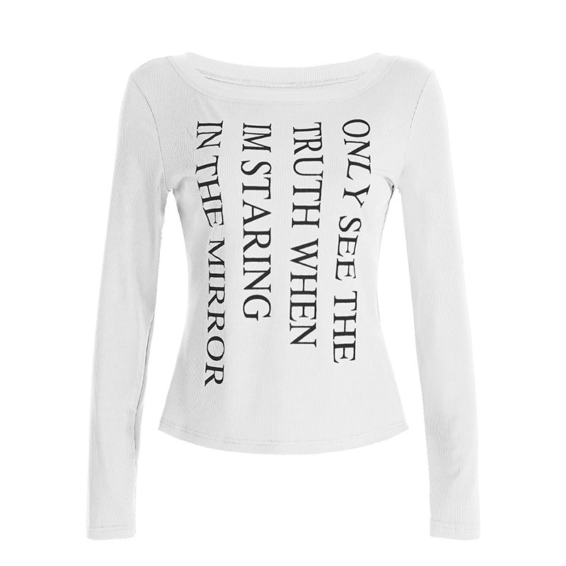 Lazy - Style Letter - Printed Off - Shoulder Long - Sleeve Top