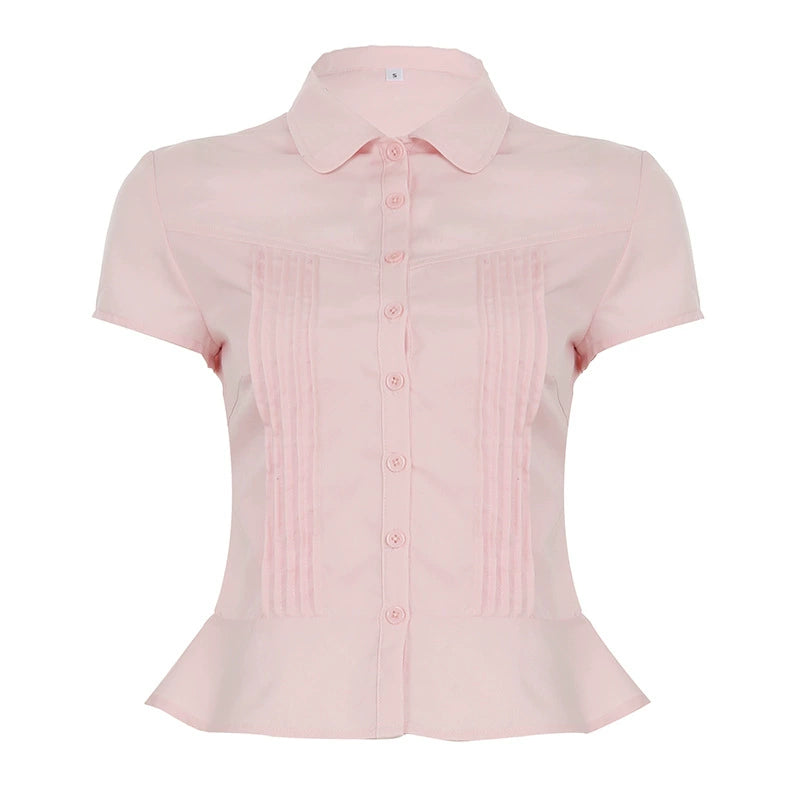 Elegant Collared Ruched White Blouse