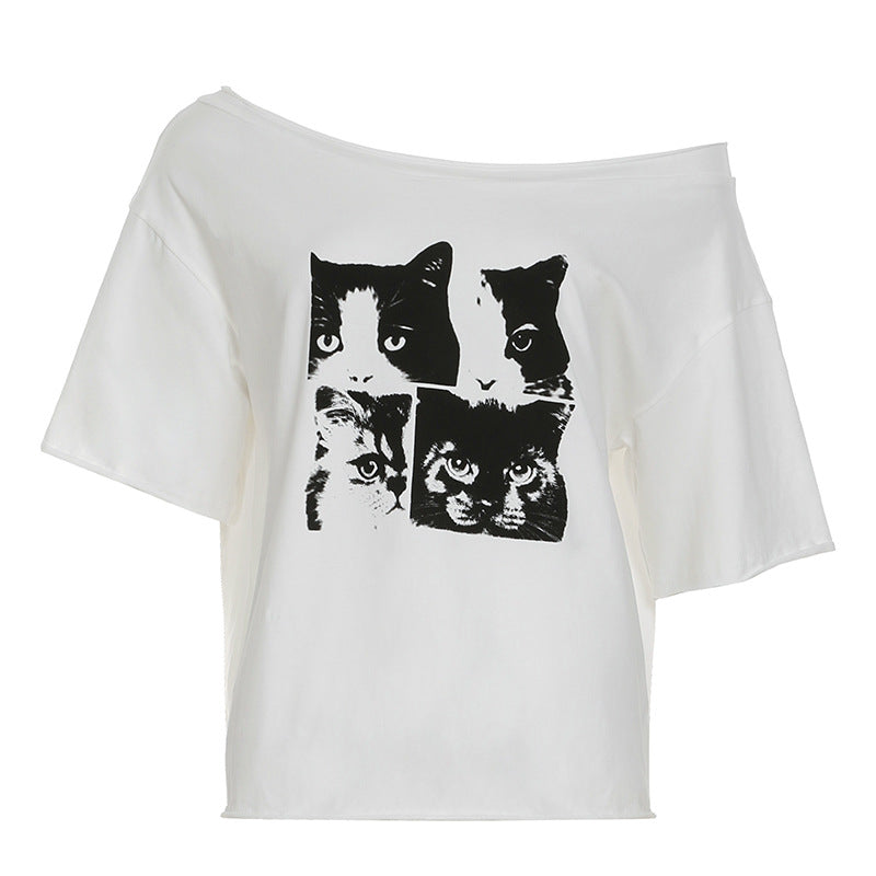 Cat - Printed Irregular Off - Shoulder Short - Sleeve T - Shirt