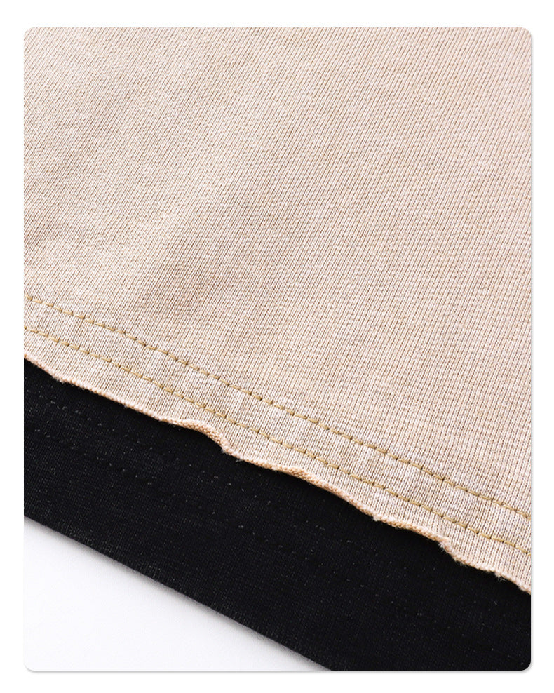 Color-Block Layered Fake Two-Piece Batik Washed Distressed Loose-Fit Cotton T-Shirt