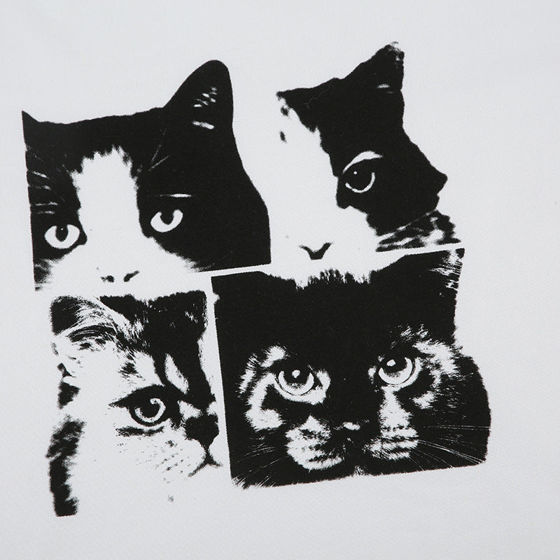 Cat - Printed Irregular Off - Shoulder Short - Sleeve T - Shirt