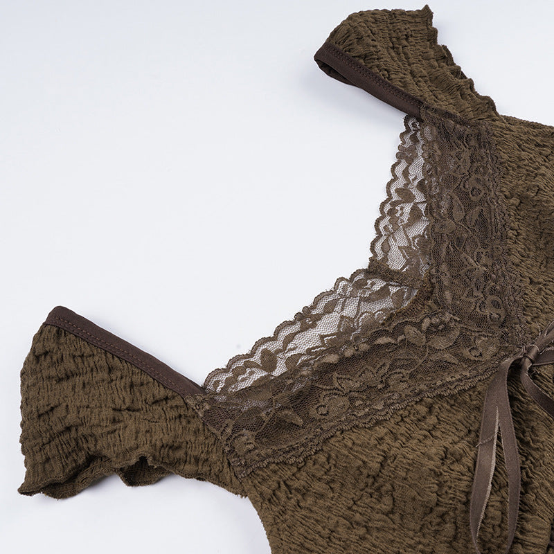 French - style Lace Tie - Waist Ruched Top