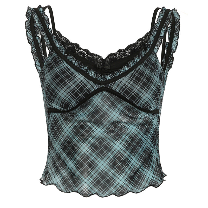 Plaid Lace - Spliced Sweet - Edgy Camisole Top