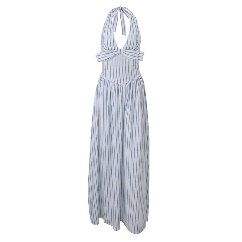 Striped Halter Tie - Front Maxi Dress