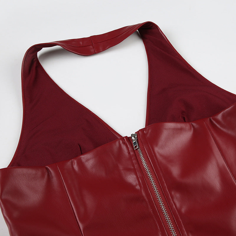 Sexy Leather Halter Deep - V Crop Top