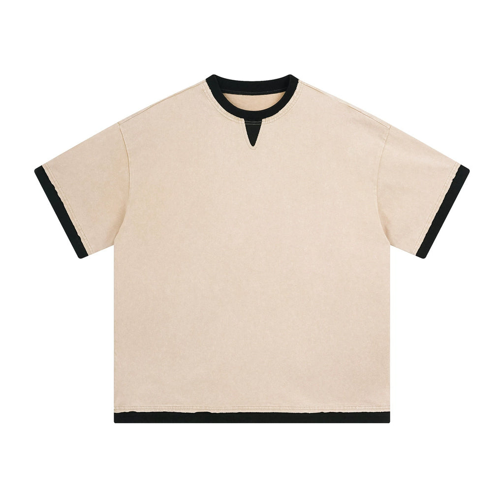 Color-Block Layered Fake Two-Piece Batik Washed Distressed Loose-Fit Cotton T-Shirt