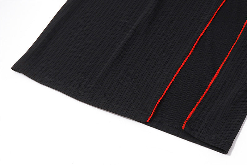 Red - Black Contrast Halter Lace - Up Dress