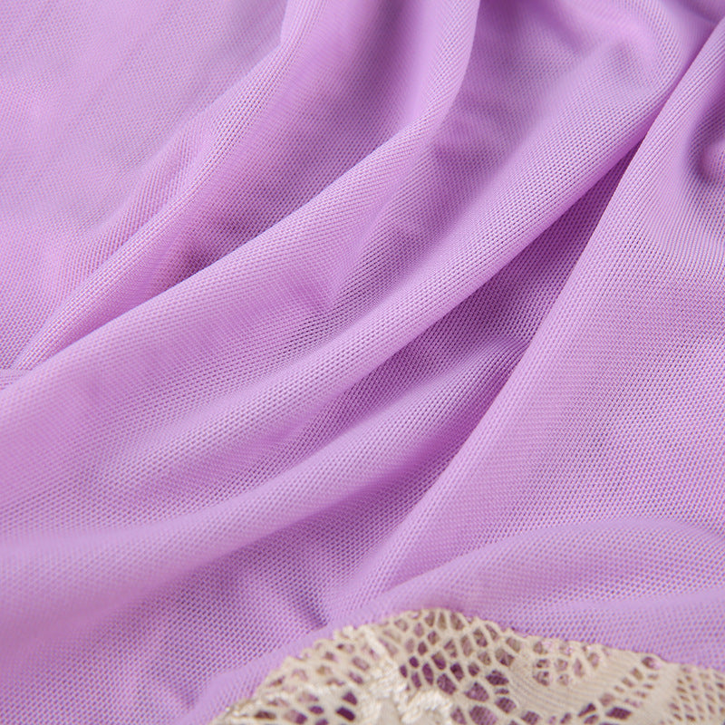 Lace Panel Color-Block Mesh Purple Camisole