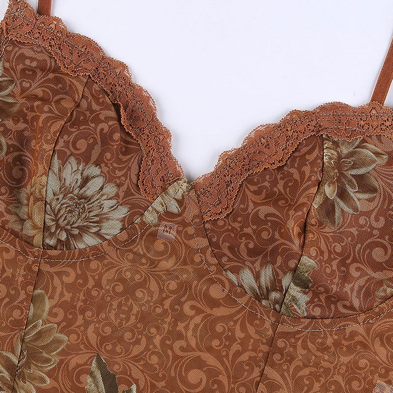 Retro Floral Lace Paneled Camisole Corset