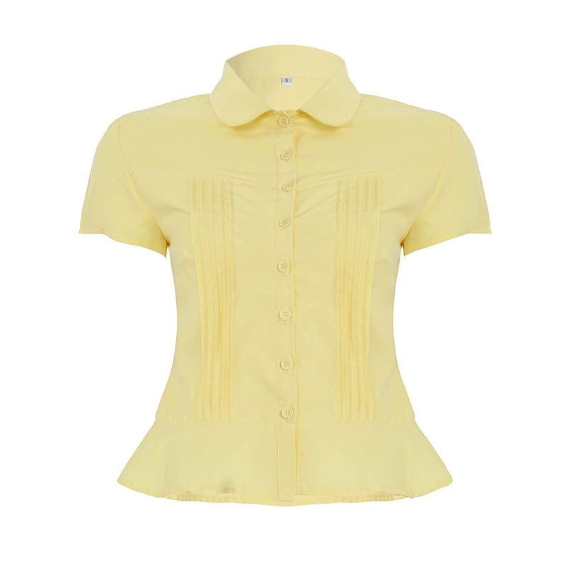 Elegant Collared Ruched White Blouse