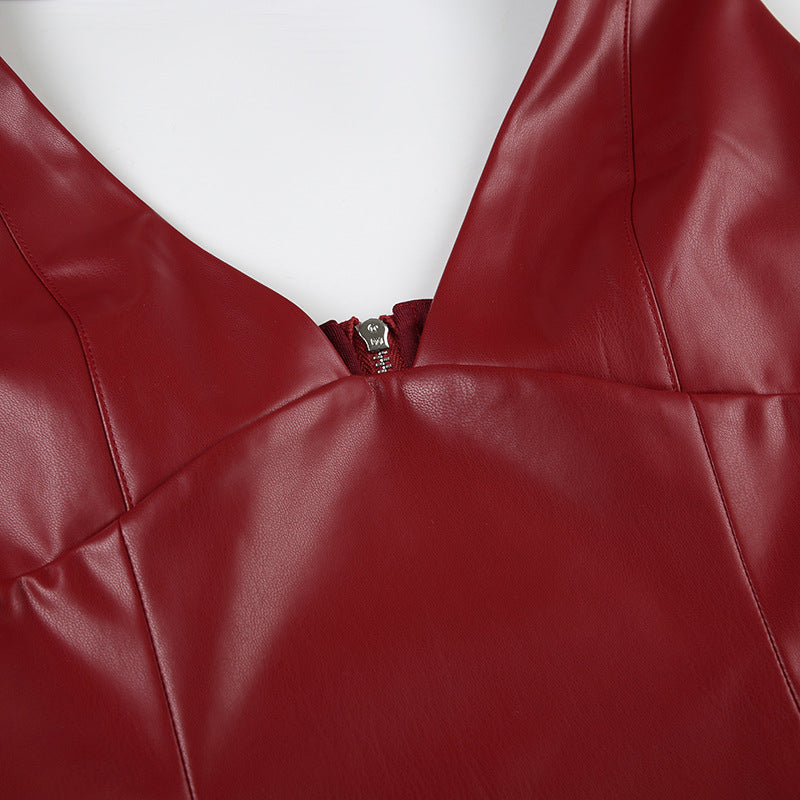 Sexy Leather Halter Deep - V Crop Top