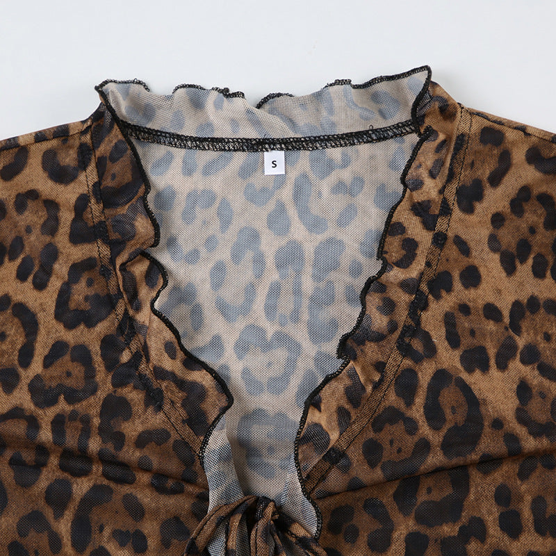 Leopard Print Sheer Ruffle Tie - Front Cardigan